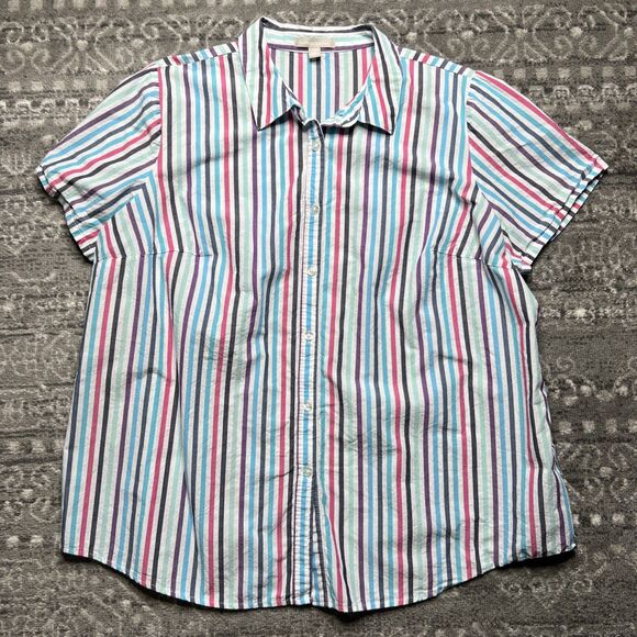 Woman Within Cotton Button Up Shirt Size 1X 22/24 Striped Short Sleeve Casual - Picture 1 of 8